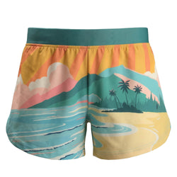 Colorful shorts with a tropical island design on a white background