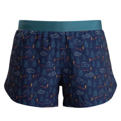 Navy shorts with mountain and trail runner pattern on a white background