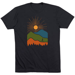 Black t-shirt with a colorful graphic of a sun, mountains, and a runner on a white background