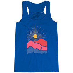 Blue tank top with a mountain and sun design on a white background