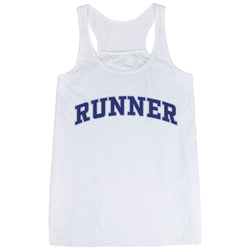White tank top with 'RUNNER' printed in blue on a white background