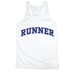 White tank top with 'RUNNER' printed in blue on a white background