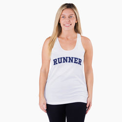Woman wearing a white tank top with 'RUNNER' printed on it against a white background