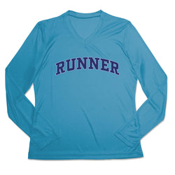 Blue long-sleeve shirt with 'RUNNER' text on a white background