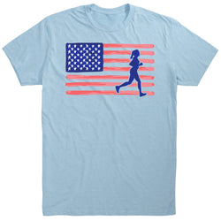 Light blue t-shirt with American flag and running woman graphic on a white background