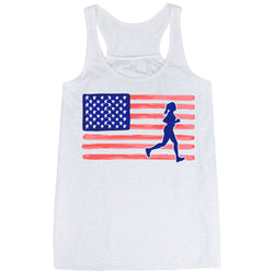 White tank top with American flag and running woman graphic on a white background