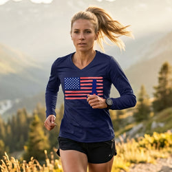 Woman running outdoors with a scenic background