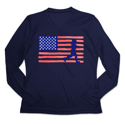 Navy long-sleeve shirt with American flag and running silhouette design on a white background