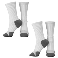 Two pairs of white socks with gray accents on a white background