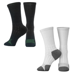 Two pairs of socks, one black with green accents and one white with gray accents, on a white background.