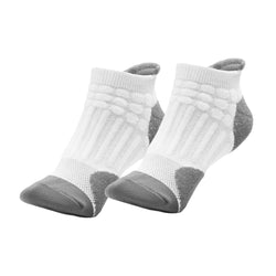 Pair of white socks with gray accents on a white background