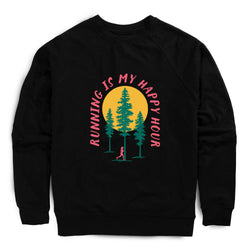 Black sweatshirt with 'Running is my happy hour' graphic design on a white background