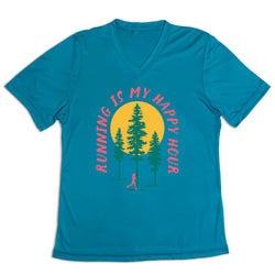 Blue t-shirt with 'Running is My Happy Hour' graphic on a white background