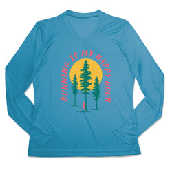 Blue long-sleeve shirt with 'Running is My Happy Hour' graphic on a white background
