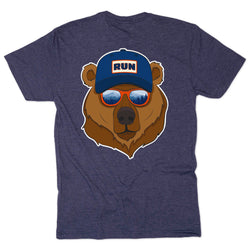 Navy blue t-shirt with a bear wearing a cap and sunglasses on a white background