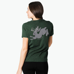 Person wearing a green t-shirt with a jackalope graphic design on the back against a white background
