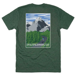 Green t-shirt with a nature graphic and text on the back