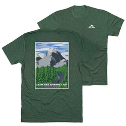 Green t-shirt with mountain graphic on front and back, displayed flat.