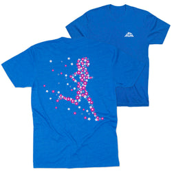 Blue t-shirt with a colorful floral design on the front and back, featuring a brand logo.