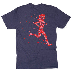 Navy t-shirt with a red running person made of hearts design on a white background