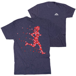 Navy blue t-shirt with hearts of a running figure and a white logo on a white background