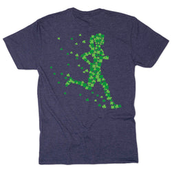 Navy blue t-shirt with a green running shamrock design on the back against a white background
