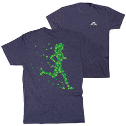 Navy blue t-shirt with green shamrock runner graphic and a white logo on a white background