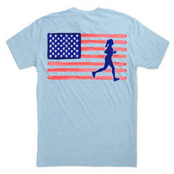 Light blue t-shirt with American flag and running woman silhouette on a white background