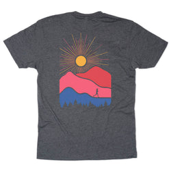 Gray t-shirt with a colorful mountain and sun design on the back