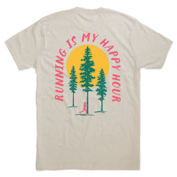 Beige t-shirt with 'Running is my happy hour' graphic design on a white background