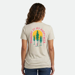 Person wearing a t-shirt with a nature-themed design and text on the back.