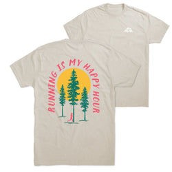 Beige t-shirt with 'Running is my Happy Hour' graphic design on a white background