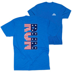 Royal blue t-shirt with American flag RUN design on a white background