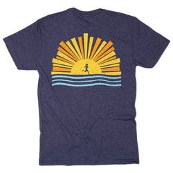 Navy blue t-shirt with a sun and running person graphic on a white background