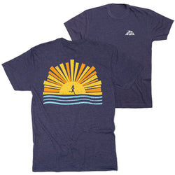 Navy t-shirt with a sun and wave design on a white background