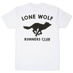 White t-shirt with black 'Lone Wolf Runners Club' graphic on a white background