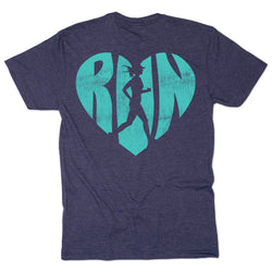 Navy blue t-shirt with a turquoise heart-shaped design featuring a running woman silhouette on a white background.