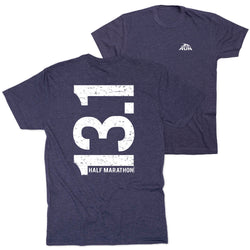 Navy blue t-shirt with white '13.1 Half Marathon' design on a white background