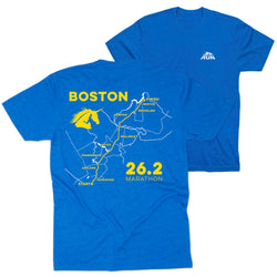 Blue t-shirt with Boston Marathon design on back and logo on front