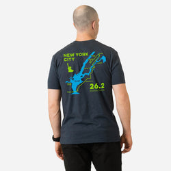 Man wearing a t-shirt with a map of New York City and marathon distance on the back.