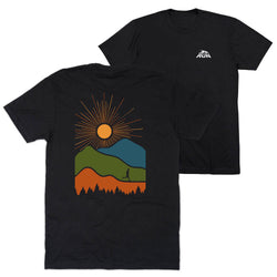 Black t-shirt with a scenic design and a logo on the back