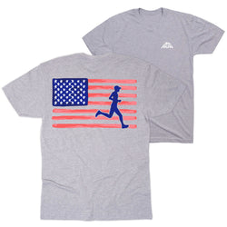 Gray t-shirt with American flag and running person design on a white background