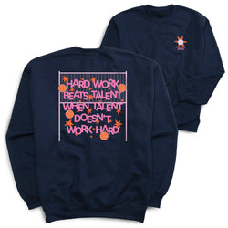 Two navy blue crewneck sweatshirts shown on a white background, with the front view featuring a large retro-style volleyball court graphic and the text 'HARD WORK BEATS TALENT WHEN TALENT DOESN'T WORK HARD' in pink and orange, and the back view showing a small matching chest logo.