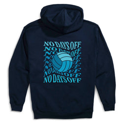 A navy blue hoodie shown from the back, featuring a volleyball graphic and the text 'NO DAYS OFF' repeated in light blue.