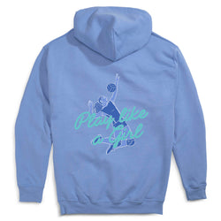 A light blue hoodie shown from the back, featuring a graphic of a volleyball player in blue and teal with the text 'Play like a girl' written across the back.