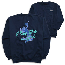 A navy blue crewneck sweatshirt shown from both the back and front. The back features a large graphic of a volleyball player in blue and teal with the text 'Play like a Girl' in teal script.