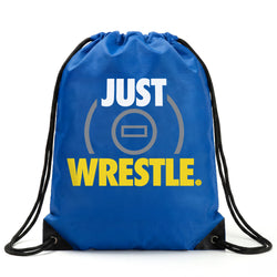 Blue drawstring bag with 'JUST WRESTLE.' text on a white background