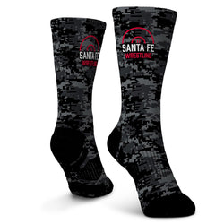 Black digital camo socks with 'Santa Fe Wrestling' text on a white background
