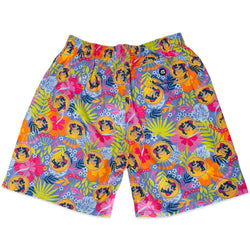 Colorful swim shorts with a tropical wrestling pattern on a white background