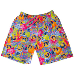 Colorful floral swim shorts with a tropical wrestling pattern on a white background